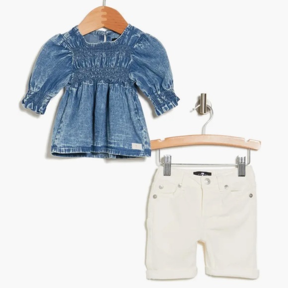 NWT 7 For All Mankind Baby Girl Infant Denim Shorts Set White Bermuda Jeans Top - Picture 1 of 3
